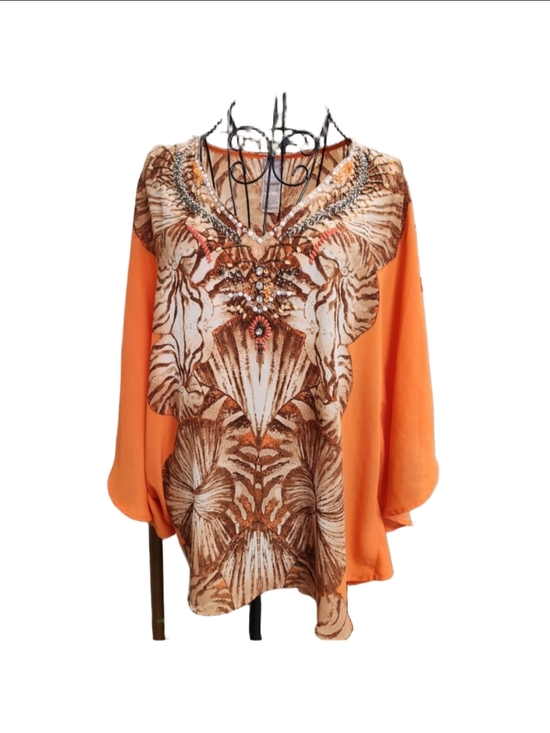 Chico's Tops - Chico's Orange and Brown Embellished Cap Sleeve Blouse Size S/M